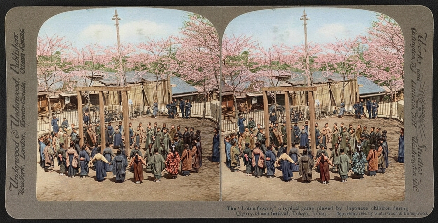 カラー化後: 蓮の葉で遊ぶ子どもたち